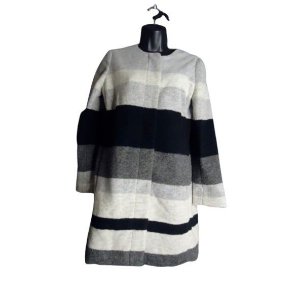 Talbots Color Block Wool Blend Longline Cardigan Coat Petite Black White Grey - Picture 1 of 9